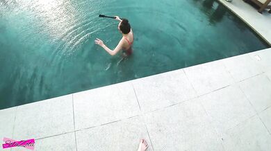 Accidentally cum in her pussy near the rooftop pool - SolaZola