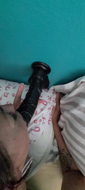 Wife gets came on as she sucks dildo