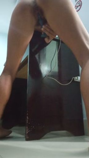 Standing doggy style clit masturbation. Drooling hairy pussy