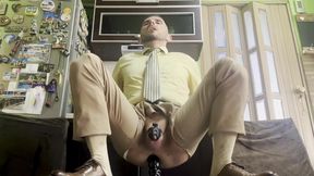 suited fellah is opening up gams like tramp and plays with his malepussy with locked weenie