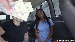 Flirty ebony nurse with fake tits fucked in the Bang Bus