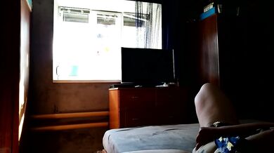 Milf gets creamy watching herself clean windows with a dildo