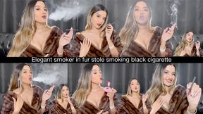 Elegant smoker in fur stole smoking black cigarette