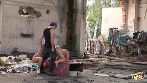 In this abandoned building this lucky motherfucker fucked two totally different girls in their asses