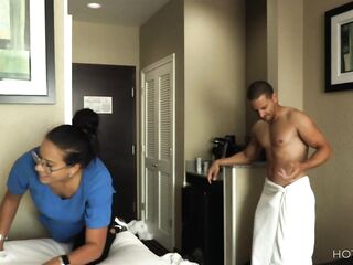 ROOM SERVICE! Large butt Latin babe gets drilled doggy style by guest and squirts on his chest.