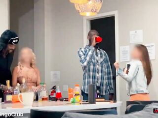 Brunette hair and Golden-haired Doxy Wives Getting Blacked by Basketball Players as Their Cuck Hubbies Film and See