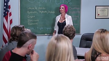 Kat Dior and Anna Bell Peaks are giving a hot lesson to their students, in the classroom