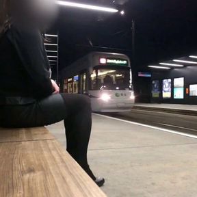 Crossdresser masturbating in public at tram station