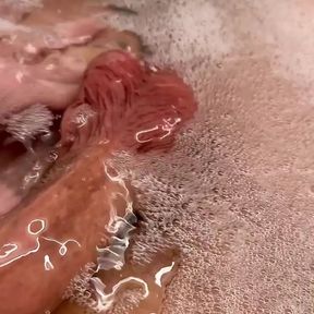 Uncut cock piss Bath time with self piss in bath tub bubble bath