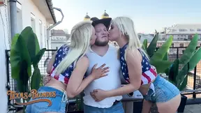 Two eager blonde beauties get stuffed and fucked by Mr  Texas in a steamy 3some