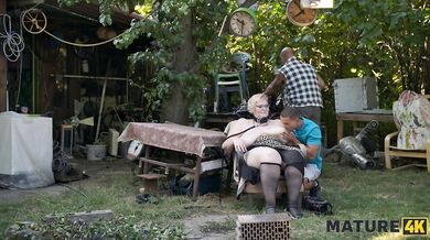 MATURE4K. Weird blonde Diana loves a lot of cum from 2 strangers on her huge tits