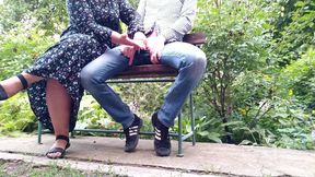 Handjob outdoors in the park