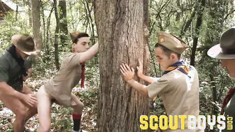 Smooth twink scouts barebacked by hairy scoutmasters in outdoor group fuck