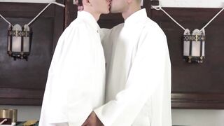 FatherXXX.com - Pious twink worships priest's big cock with his mouth before a raw po