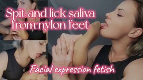 Spit and lick saliva from nylon feet Facial expression fetis