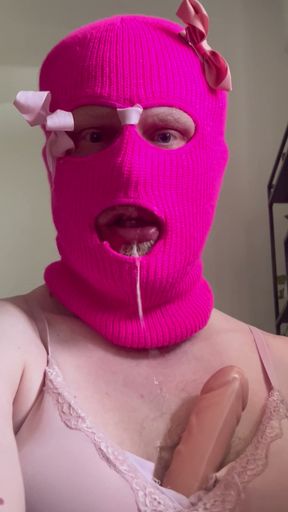 FIRST VIDEO - Crossdresser deepthroats double dildo she gags and drools a lot