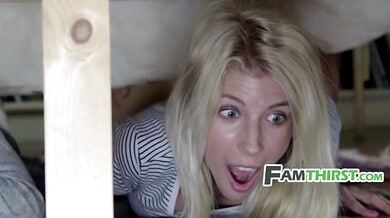 Petite step-sisters Mia Evans and Missy Luv invite a man into their bedroom for a forbidden threesome