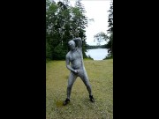 Spandex snake jerks off in parking lot