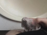 Lubed-up panties and toothbrush on ass—huge cumshot!
