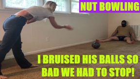 BALLBUSTING BOWLING! I roll a strike into his nuts!