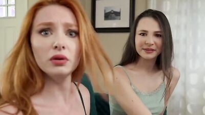 Strip poker ended with redhead and brunette having a threesome with their roommate