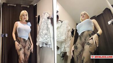 Blonde milf teases in see through dress at mall