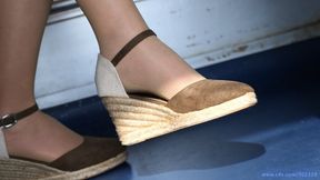 Nylon foot fetish admiration, hot arched feet detail with sandals wedge.