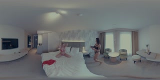 Naked girls GoldyKim and SmilingDutchie helping each other getting dressed in lingerie - voyeur 360