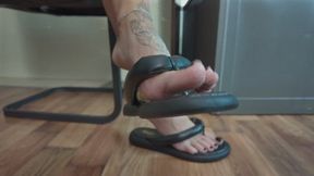 Head Of Slave In Chest Lick Black Flip Flops And Heels - Full