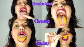 Pink lipstick + Chewing crunchie food + Mouth Play + Burping