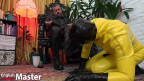 Rubber gimp worships leather Master&#039;s boots PREVIEW