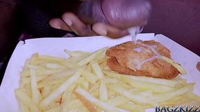 french fries and nuggets with cum sauce