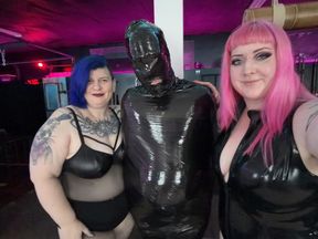 2 Femdoms and One Latex Boy Plastic Wrapped and Edged!