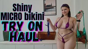4 Shiny Micro Bikini Try On Haul - Emerald Green, Pink, Blue & Neon Pink