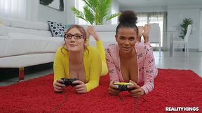 Black teen shares big cock with her Nerdy BFF during Interracial 3some