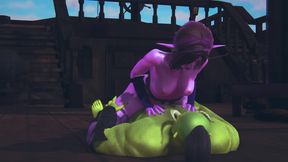 Elf in the pose of a rider satisfies an orc