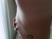 Show off bloated belly , jerk off and show off belly again