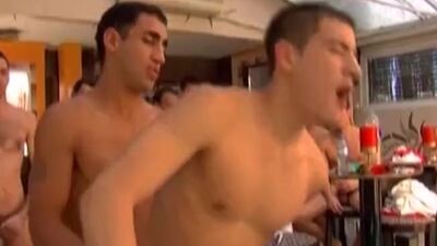 Dude gets his tight ass destroyed in this gay pool orgy
