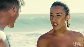 Defend with a Latina in a daring beach parody of passion