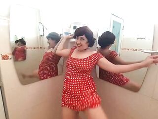 Pinup playgirl has no pants in front of mirror Retro Vintage Naked maid Housewife
