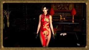 Demure spy Ada Wong in skimpy red dress ready to exchange her body for info