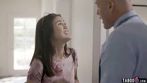 Horny Asian stepdaughter wets herself when lectured by stepdad