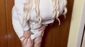 CupKCindy in tight white dress dancing and moving around tidtworship sexy German lady blonde blue eyes showing of her sexy curvy