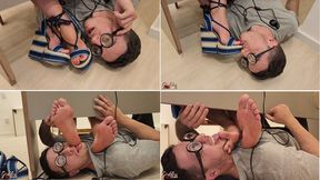 Nerd Computer Technician Worships Kiffa’s Feet Under the Table - WEDGES - RED TOENAILS - FEET - FOOT WORSHIP - FEMDOM- FOOT DOMINATION
