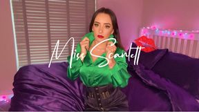 Scarlett's satin emerald blouse and black pencil skirt tease
