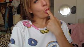 Blonde cougar licking her finger after touch pussy