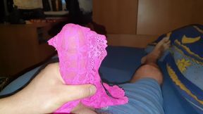 Beata&#039;s pink lace panties soaked by my cum again