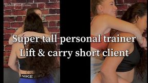 Super tall and strong personal trainer lift and carry short client - Feat: Goddess Marcy and Alice Merchesi