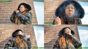 Asian Jasmine Jade in vintage fur trimmed hood jacket - close up smoking volume 73 Non Nude ****MP4****