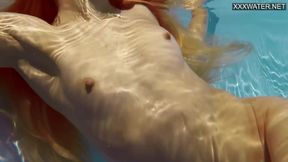 Stunning Latvian beauty strips at the pool and shows off her tight pussy